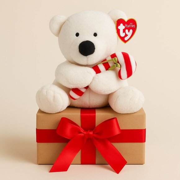 TY Pluffies Christmas Polar Bear Stuffed Animal Candy Cane White Plush Teddy - Picture 1 of 10